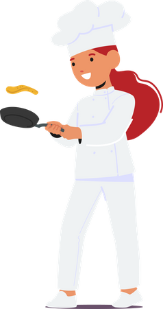 Little Chef Girl With Flips Pancakes In Sizzling Pan  Illustration