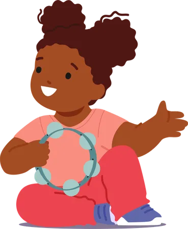 Joyful Little Child Radiating Happiness Sits On The Floor Engrossed In Play Rhythmically Tapping A Tambourine Black Girl Character Learning World Of Music Cartoon People Vector Illustration 일러스트레이션
