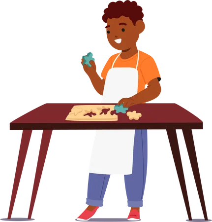 Adorable Scene Little Child With Flour Dusted Fingers And Beaming Smile Joyfully Cutting Dough Creating Delicious Cookies On Kitchen With Creativity And Laughter Cartoon People Vector Illustration Illustration
