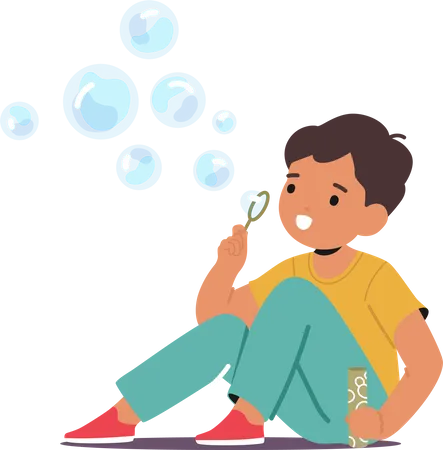 Little Child Boy Playfully Blow Delicate Soap Bubbles  Illustration