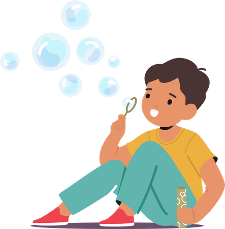 Little Child Boy Playfully Blow Delicate Soap Bubbles  Illustration