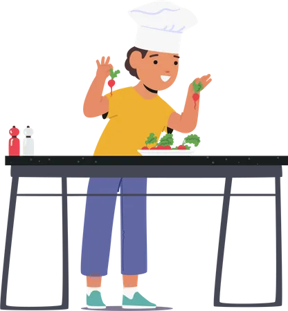 Adorable Scene Little Child Joyfully Engages In Cooking Carefully Tossing Vibrant Vegetables For A Delightful Salad A Heartwarming Sight Of Culinary Exploration Cartoon People Vector Illustration Illustration