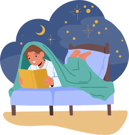 Curled Up In Bed Little Child Boy Character Engrossed In A Book Immersed In A World Of Imagination Captivated By The Magic Of Words And Storytelling Cartoon People Vector Illustration Illustration