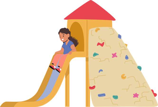 Little Child Girl Gleefully Slides Down Colorful Playground Slide  Illustration