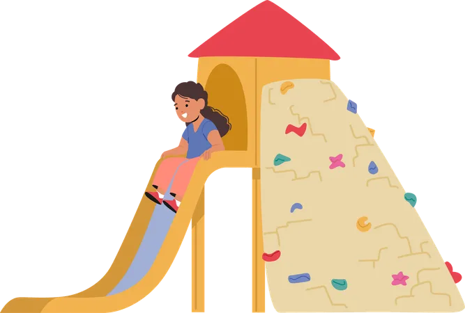 Little Child Girl Gleefully Slides Down Colorful Playground Slide  Illustration