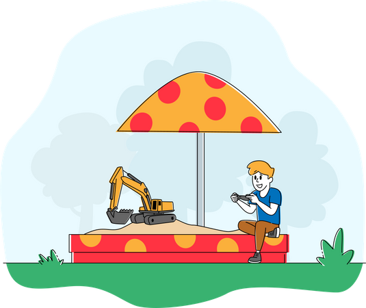 Little Child Playing in Sandbox with Toy Excavator on Remote Control Illustration