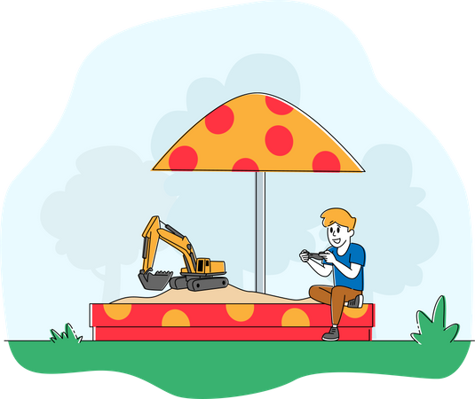 Little Child Playing in Sandbox with Toy Excavator on Remote Control  Illustration