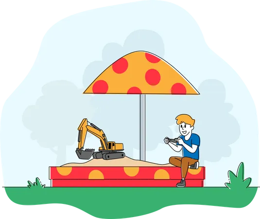 Little Child Playing in Sandbox with Toy Excavator on Remote Control  Illustration