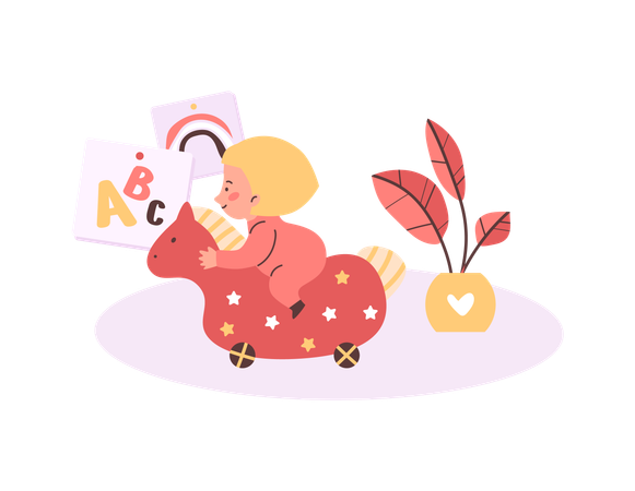 Little child playing with rocking horse  Illustration