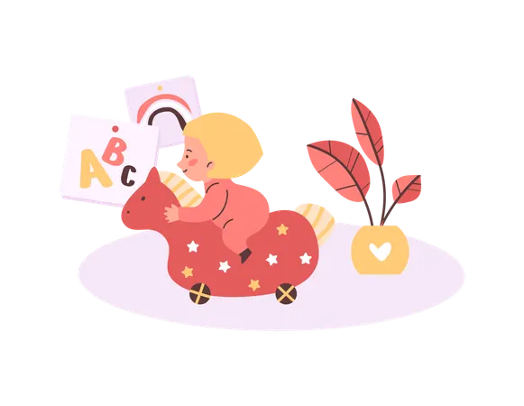 Little child playing with rocking horse  Illustration