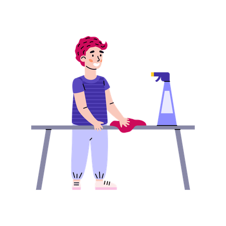 Little child polishing furniture himself  Illustration