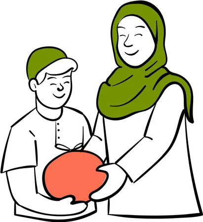 Little child receiving bag of meat from neighbor  Illustration