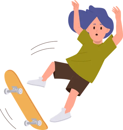 Little Child Cartoon Character Screaming Falling Down From Skateboard Isolated On White Background Frightened Unhappy Kid Tumbling From Longboard After Doing Trick Stunt Vector Illustration Illustration