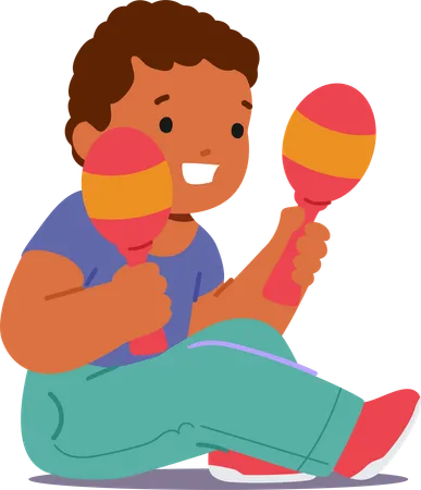 Cheerful Little Child Sits On The Floor Joyfully Shaking Maracas Bright Eyes Sparkle With Delight Tiny Hands Grasp The Colorful Instruments Creating Lively Rhythms Cartoon Vector Illustration Illustration