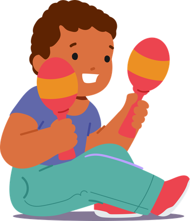 Little Child Sits On Floor and Shaking Maracas  Illustration