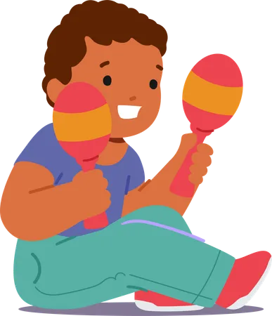 Little Child Sits On Floor and Shaking Maracas  Illustration