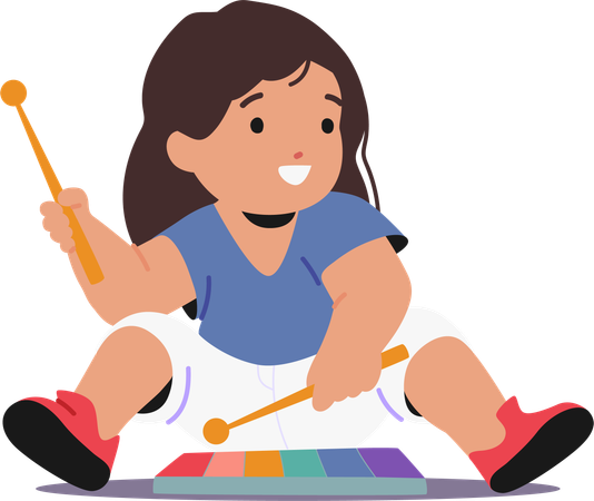 Little Child Sits On Floor With Rainbow Xylophone  Illustration