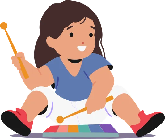 Delightful Little Child Sits On The Floor With A Rainbow Xylophone Baby Girl Character With Wide Focused Eyes Gently Tap The Colorful Bars Creating Joyful Melodies Cartoon People Vector Illustration Illustration