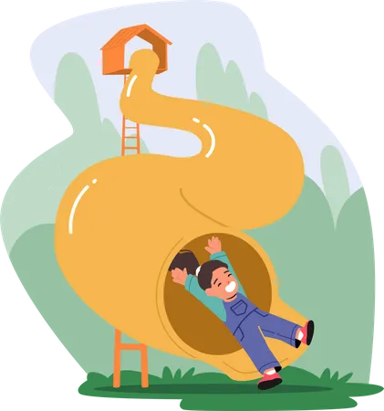 Little Child Sliding on Tube Slide in Amusement Park Illustration