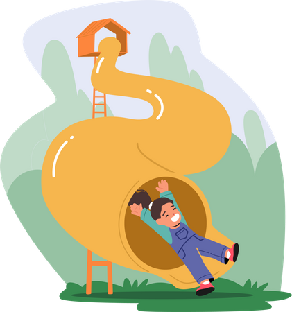 Little Child Sliding on Tube Slide in Amusement Park  Illustration