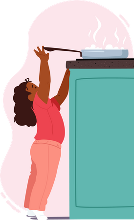 Little Child Trying To Reach Out Hot Pan On Oven  Illustration