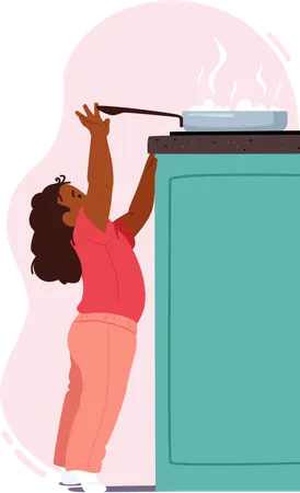 Little Child Trying To Reach Out Hot Pan On Oven Illustration