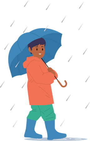 Little child walking with umbrella under rainfall on city street  Illustration