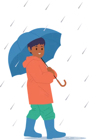 Little child walking with umbrella under rainfall on city street  Illustration