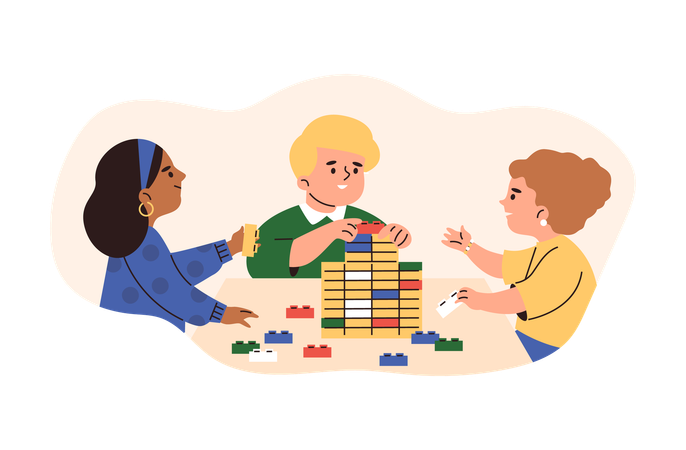 Little children assembling Lego bricks  Illustration