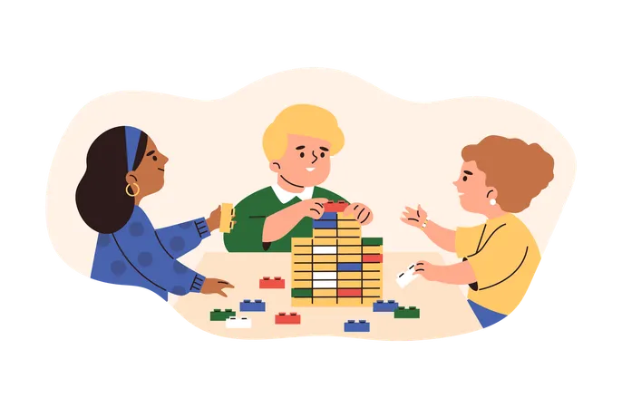 Little children assembling Lego bricks  Illustration