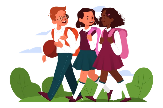 School Girl Schedule Concept Little Children At School Happy Children After Class Students Walking After School Vector Illustration In Cartoon Style Illustration