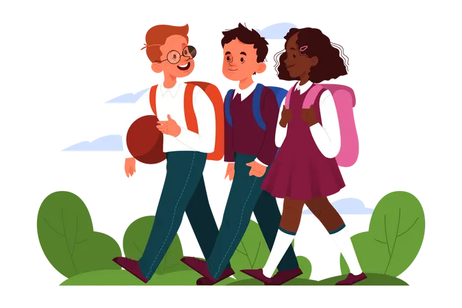 School Boy Schedule Concept Little Children At School Happy Children After Class Students Walking After School Vector Illustration In Cartoon Style Illustration