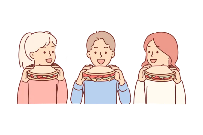 Little children eat sandwiches satisfying hunger with delicious snack bought at fast food cafe  Illustration