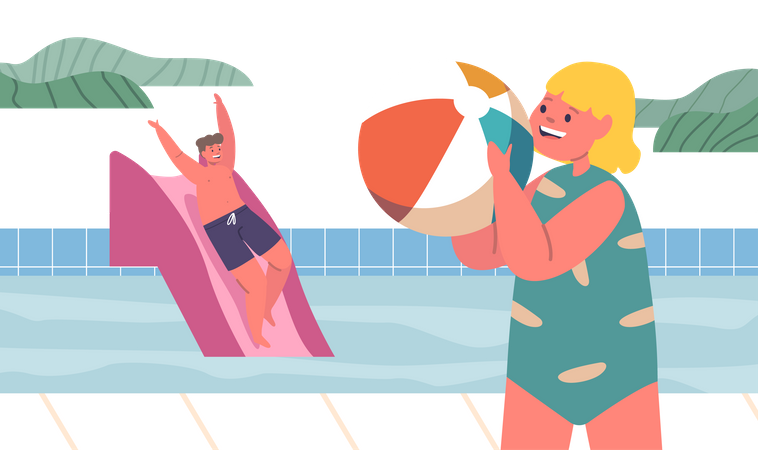 Little Children Joyfully Splashing And Playing In Pool  Illustration