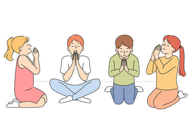 Little children pray on knees and ask god for toys or good grades in school exams  Illustration