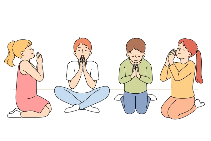 Little children pray on knees and ask god for toys or good grades in school exams  Illustration