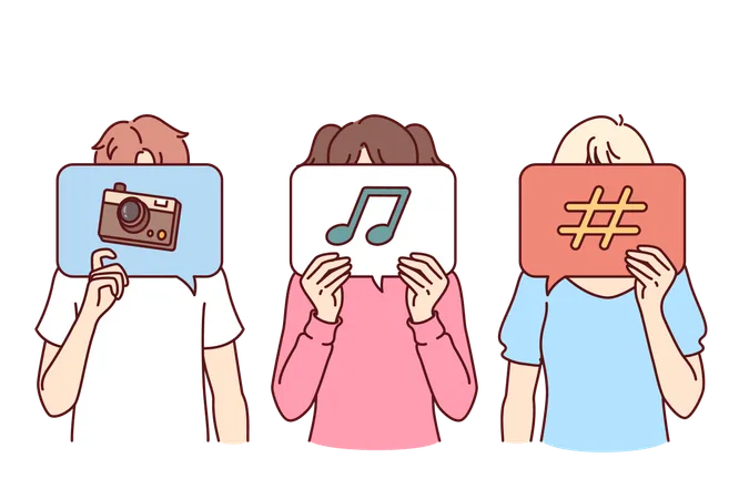 Little Children Using Social Networks Stand With Icons Of Photo Camera And Musical Note Or Hashtag Near Faces Kids Social Networks For Viewing Photos And Listening To Favorite Music Illustration