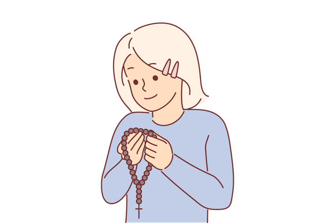 Little christian girl holding rosary with cross and praying  Illustration