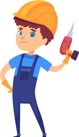 Little construction worker holding drill machine Illustration