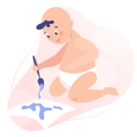 Baby Boy Isolated Vector Illustration Beautiful Baby In Diaper Playing With Paint Little Cute Child Drawing Illustration