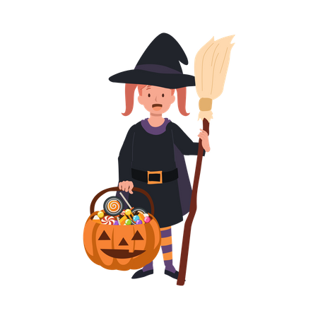 Little cute girl in halloween costumes as witch  Illustration