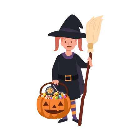 Little cute girl in halloween costumes as witch  Illustration