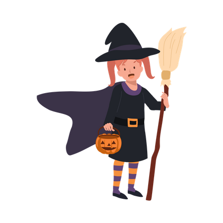 Little cute girl in halloween costumes as witch  Illustration