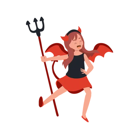 Little cute woman in halloween costumes as red devil  Illustration