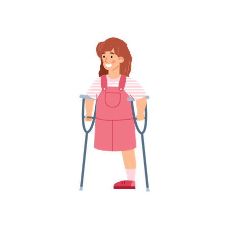 Little Disabled Child Girl On Crutches  Illustration