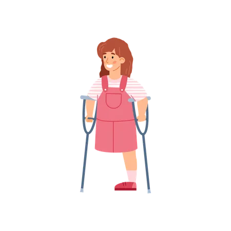 Little Disabled Child Girl On Crutches  Illustration