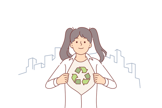 Little eco activist girl showing symbol of recycling and environmental sustainability under shirt  Illustration