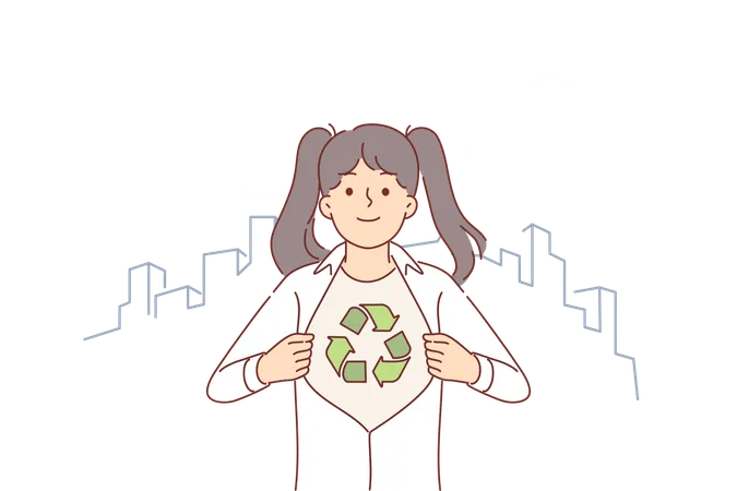 Little eco activist girl showing symbol of recycling and environmental sustainability under shirt  イラスト