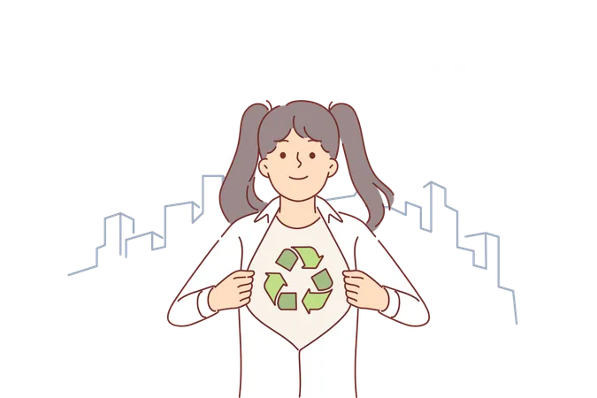 Little eco activist girl showing symbol of recycling and environmental sustainability under shirt  Illustration