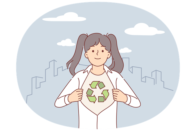 Little eco activt girl showing symbol of recycling and environmental sustainability under shirt  Illustration